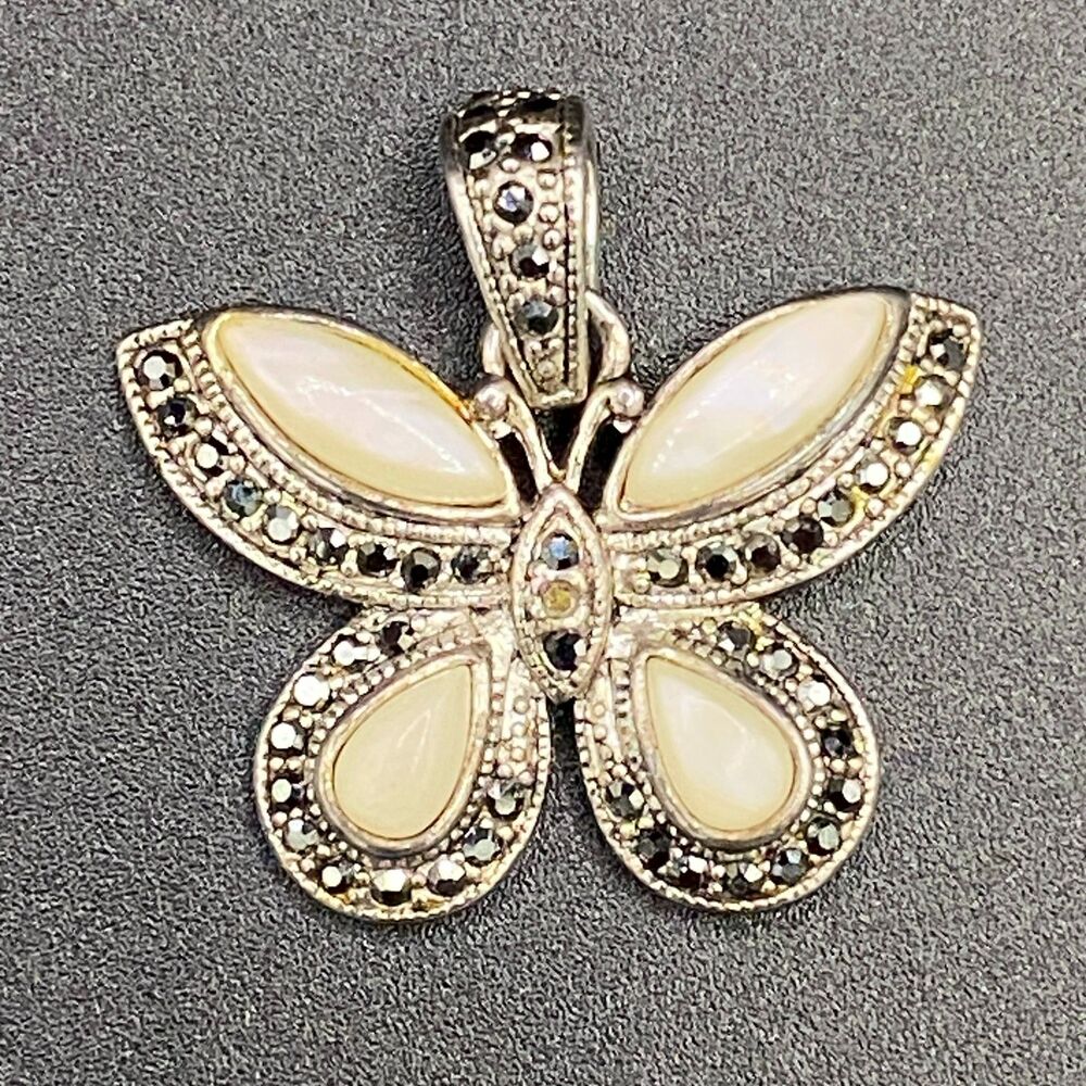 Vintage Silver Tone Butterfly Pendant Resin Wings Black Crystal Accents